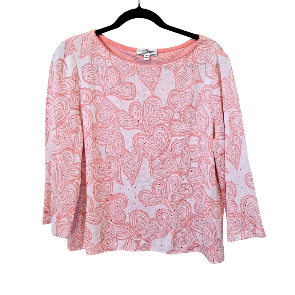 St John Sport Marie Gray Pink Heart Sequin Knit Top Womens M, Coquette, Preppy